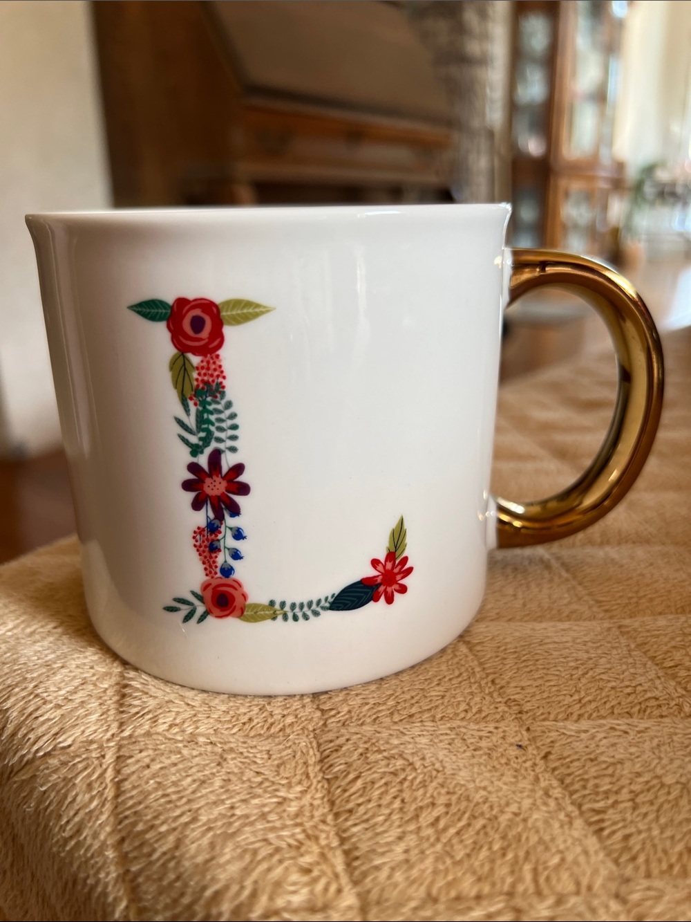 Opalhouse White Porcelain Mug with Floral Letter L and Gold Handle